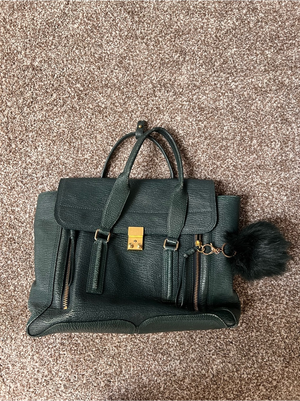3.1 Phillip Lim Dark Green Leather Satchel with Gold Hardware and Black Pom